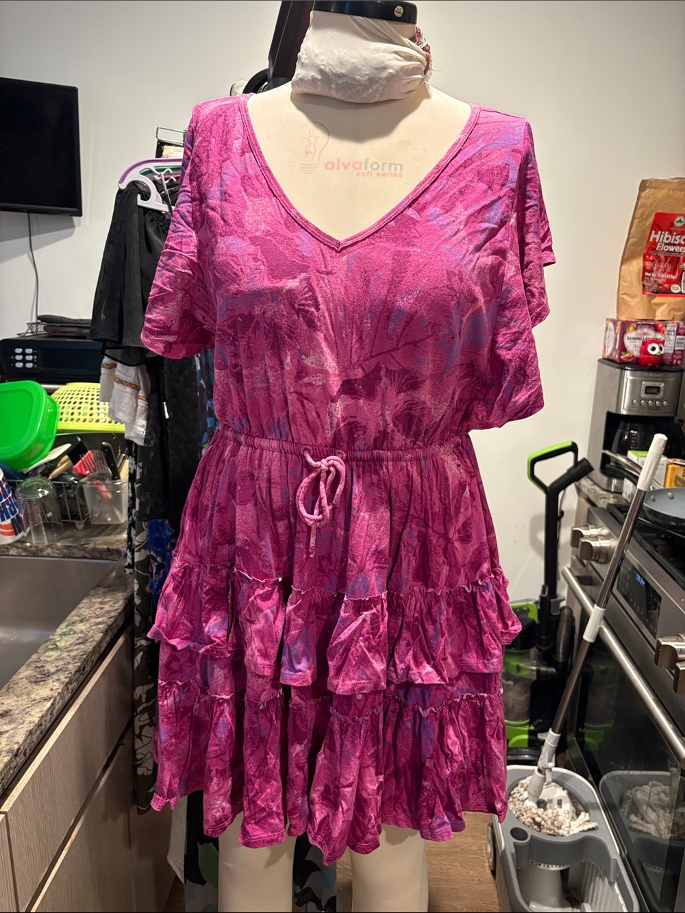 Anthropologie Hot Pink Tie-Waist Tiered Mini Dress
